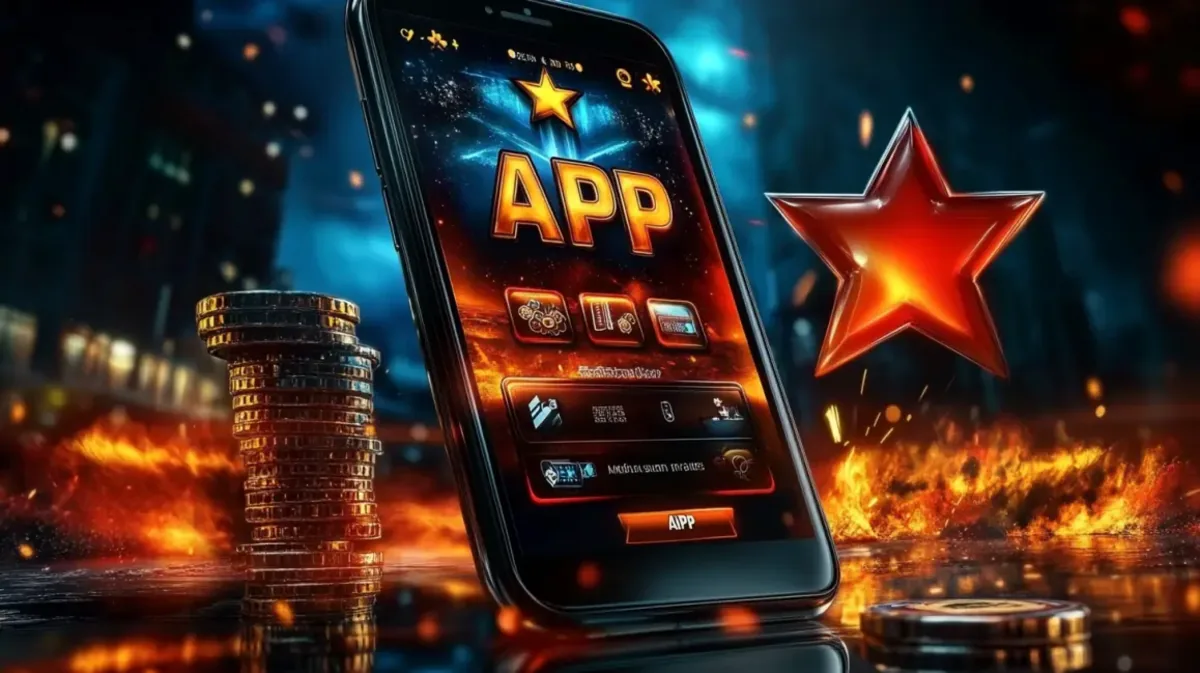 The 33bd gaming APP is showcased on a smartphone, resting on a surface with coins and a large red star, all set against a fiery, post-apocalyptic background.