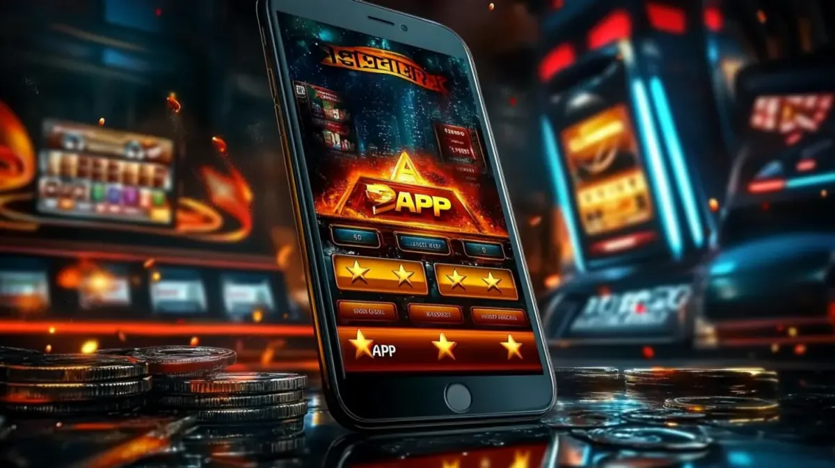 The 33bd casino APP is displayed on a smartphone, showing a star-rated interface against a background of glowing slot machines and a high-tech city.