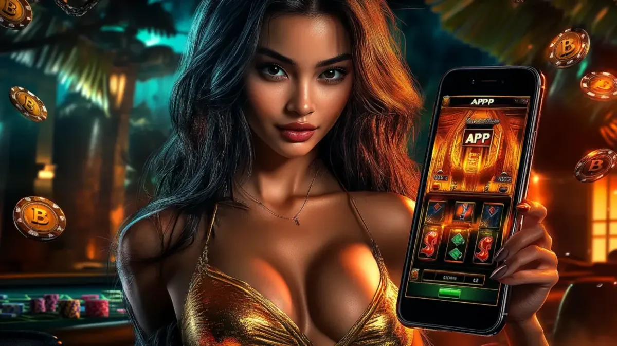 A beautiful woman in a gold top holds the 33bd APP on her phone in a lush, tropical casino setting. Floating Bitcoin chips add to the exotic, high-stakes atmosphere.