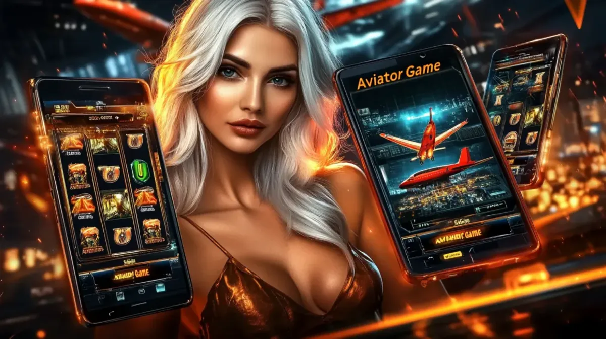 A beautiful blonde woman is featured in a promotion for the Aviator game at 33bd, surrounded by multiple smartphones displaying the game's exciting interface.