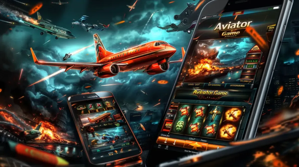 The action-packed Aviator Game from 33bd is shown on two mobile phones, with a large red passenger plane flying over a war-torn city landscape.