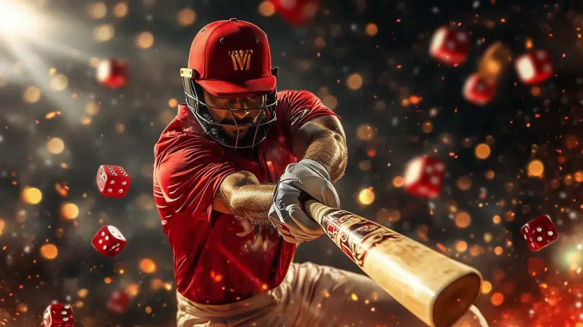 A baseball player in a red uniform swings his bat in a powerful action shot, surrounded by a shower of sparks and falling red dice, promoting sports betting on 33bd.