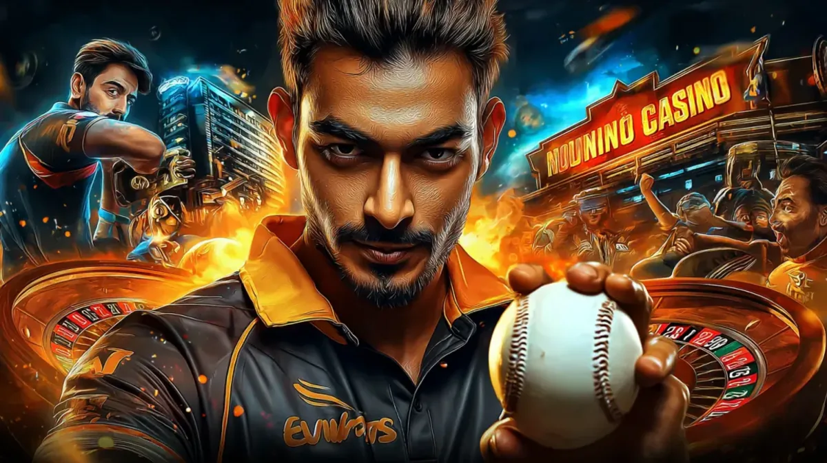 An intense cricket player holds a cricket ball in a composite image that blends a sports stadium with the vibrant, neon-lit atmosphere of the 33bd casino.