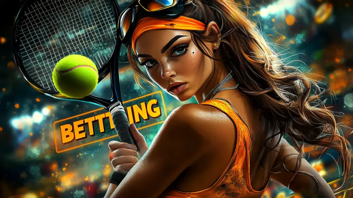 A focused female tennis player gets ready to hit the ball in this dynamic promotion for sports betting at 33bd, with a glowing BETTING sign in the background.