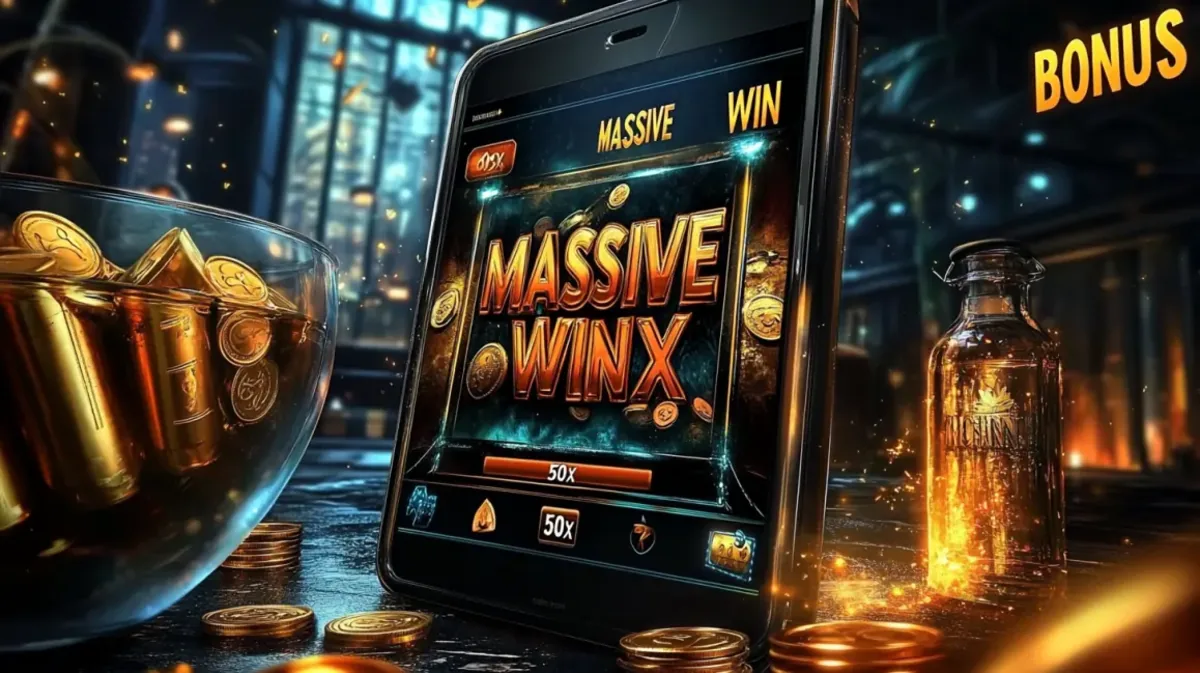A mobile phone displays a MASSIVE WINX bonus with a 50x multiplier, promoting the big wins available at 33bd. The scene is set in a classy bar with a bowl of golden bullets.