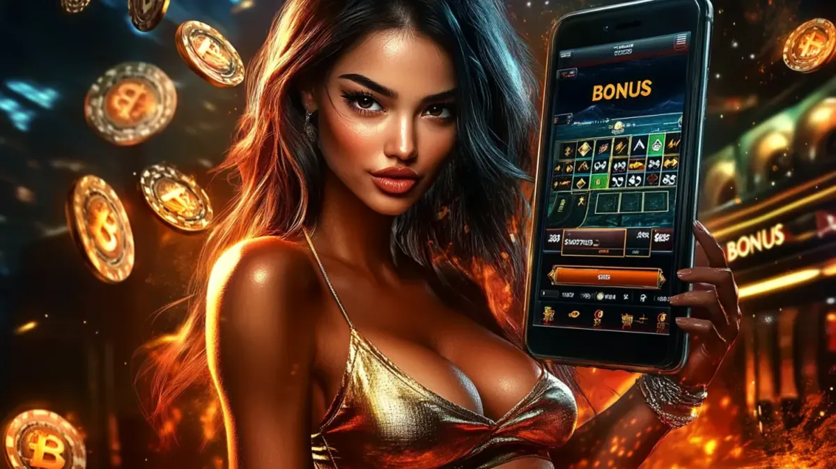 A beautiful woman in a gold top holds a smartphone displaying a BONUS screen from 33bd. The background is a fiery scene with floating Bitcoin symbols.