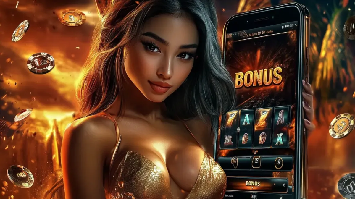 An alluring woman in a sparkling gold dress holds up a smartphone with a BONUS screen, inviting players to claim their rewards at 33bd.