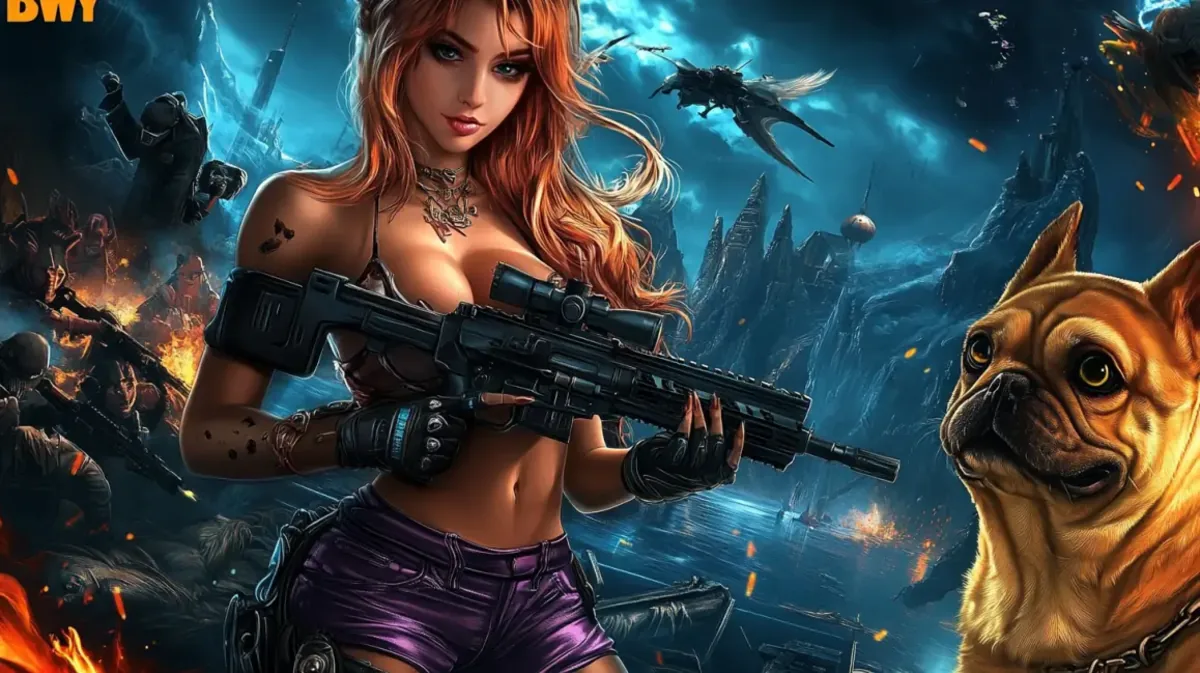 A tough woman with a sniper rifle is featured in this action game promotion from 33bd, standing beside a French bulldog in a dramatic, war-torn landscape.
