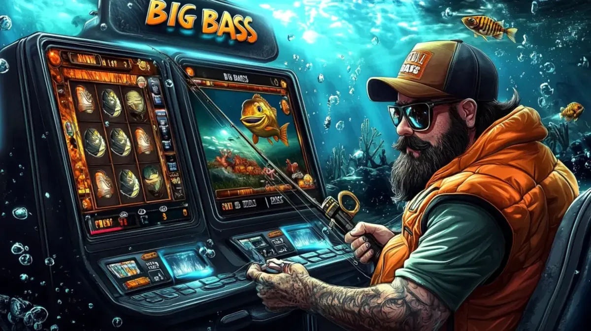 A bearded fisherman in sunglasses plays the Big Bass slot game at 33bd. The game's fishing theme is shown on the machine's screen in an underwater setting.