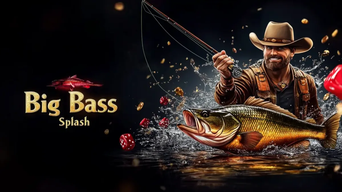 A happy fisherman in a cowboy hat reels in a large bass fish in this promotion for the Big Bass Splash slot game, available to play at 33bd.