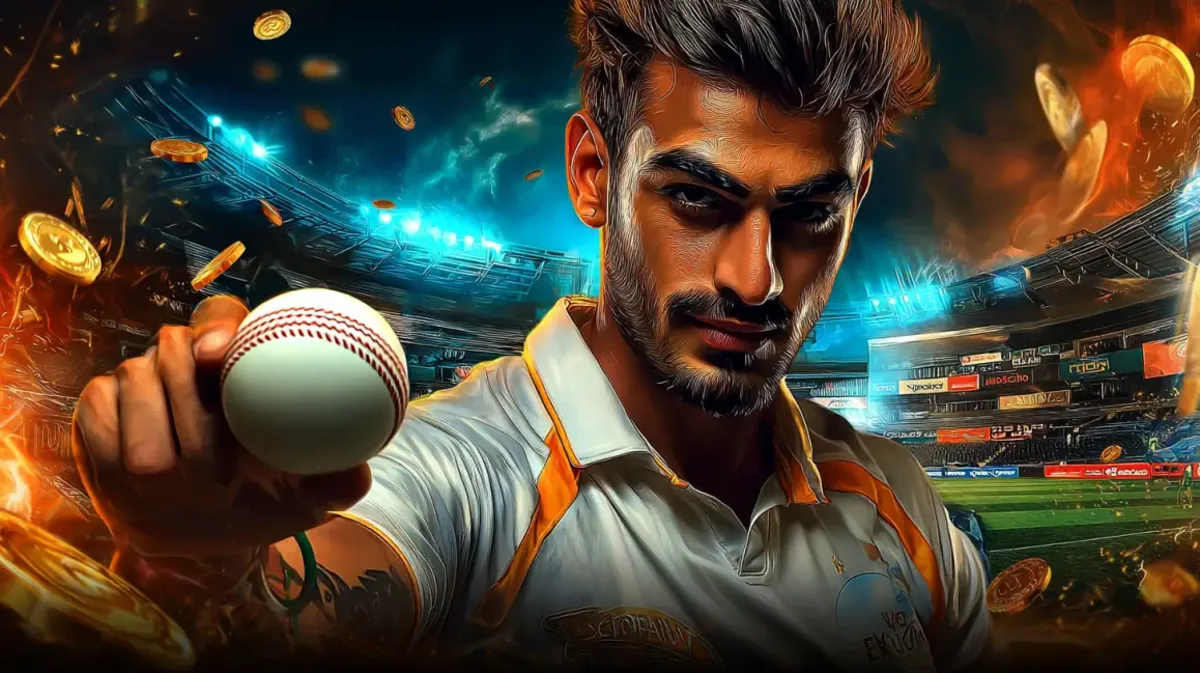 A focused and intense male cricket player holds up a cricket ball in a packed stadium, promoting the exciting world of cricket betting at 33bd. Gold coins and fire effects add to the drama.