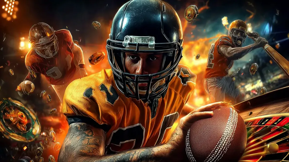A dynamic collage for sports betting at 33bd, featuring an American football player in the foreground, with baseball and football players in action behind him.