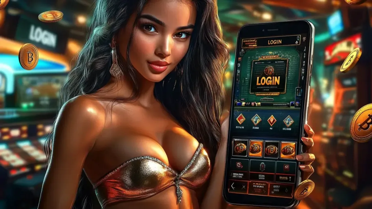 A beautiful woman in a sparkling top holds a smartphone displaying the 33bd LOGIN screen. The background is a vibrant casino with floating Bitcoin symbols.