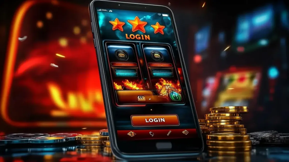 A smartphone rests among stacks of gold coins, displaying a fiery and star-rated LOGIN screen for the 33bd mobile gaming app, set against a blurred casino background.