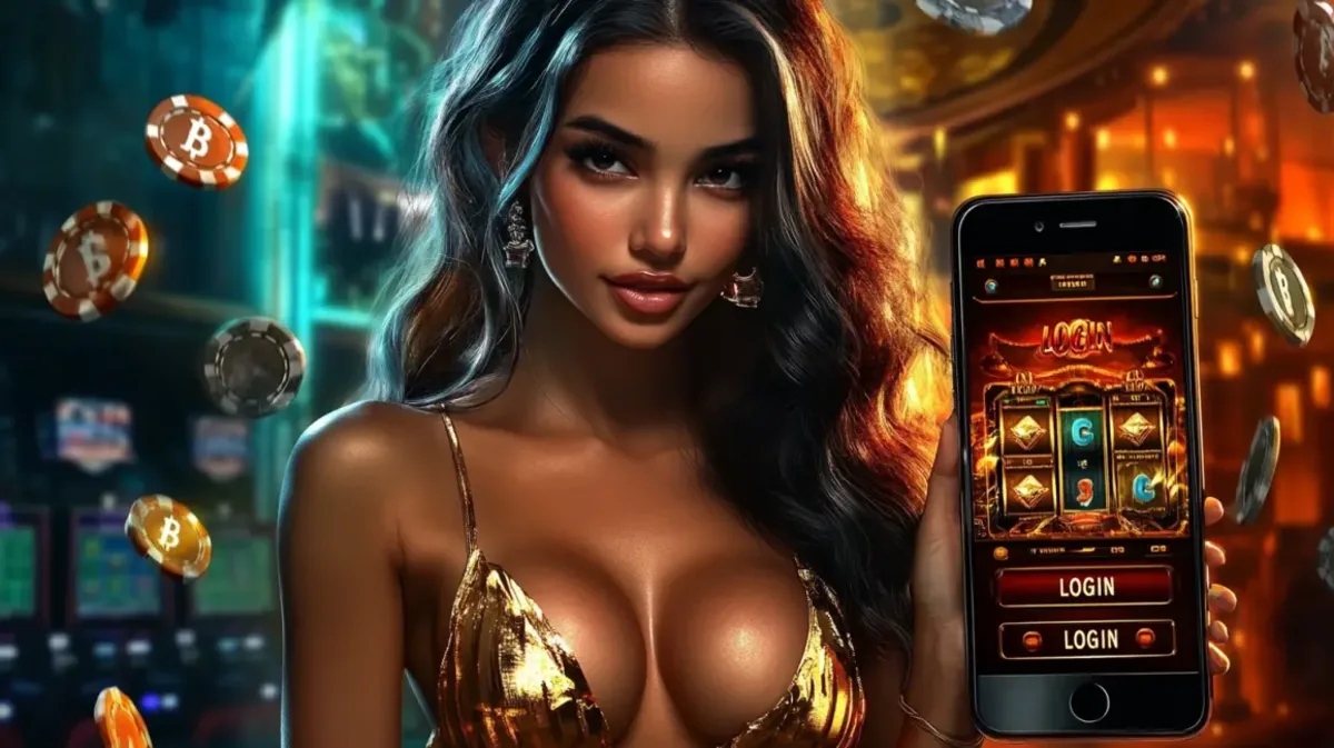 A beautiful woman in a stunning gold top holds a smartphone with the 33bd LOGIN screen. Floating Bitcoin chips highlight the crypto-friendly options in the casino.
