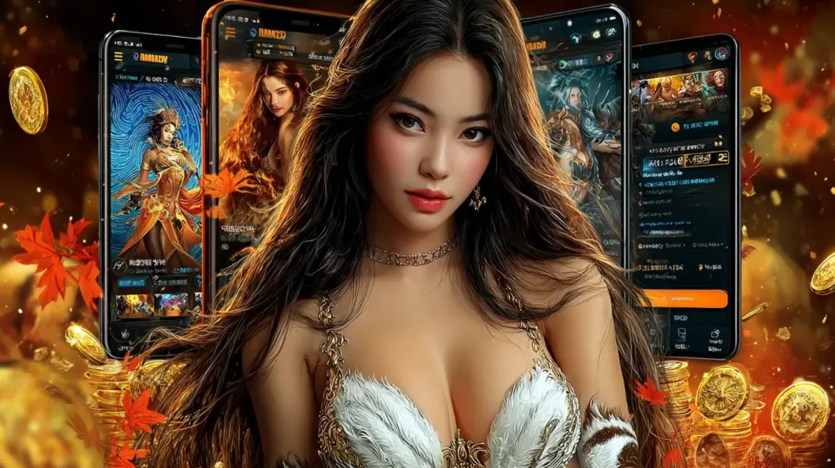 A beautiful woman with ornate white and gold attire is surrounded by smartphones showcasing the fantasy game character selection screens on the 33bd app.