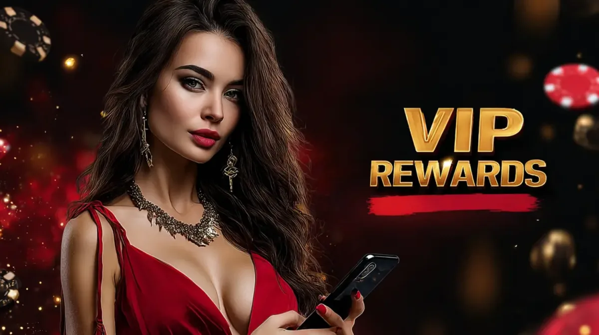 An elegant woman in a red dress holds a phone in a sophisticated promotion for VIP REWARDS at 33bd. The text is golden, and poker chips float in the background.