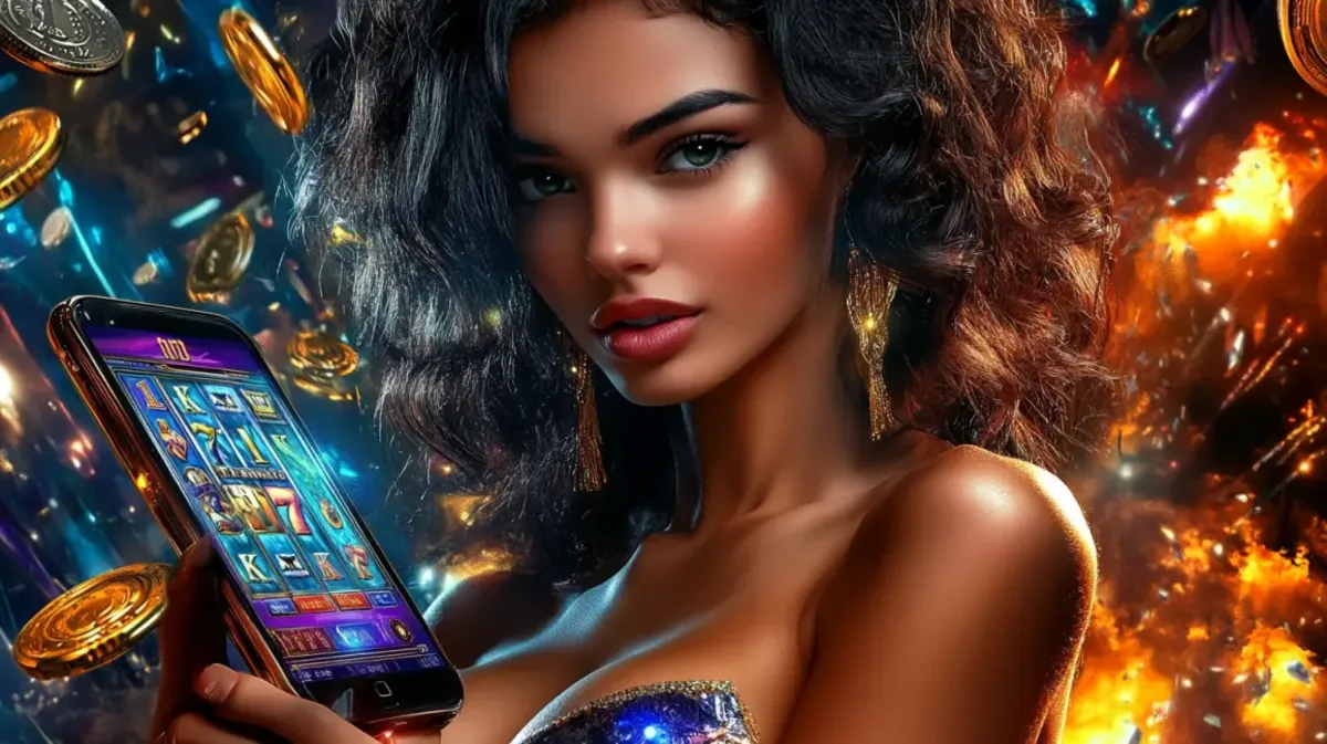 A beautiful woman with curly hair holds up a smartphone showing a vibrant slot game from 33bd, set against a dynamic background of fire and floating gold coins.