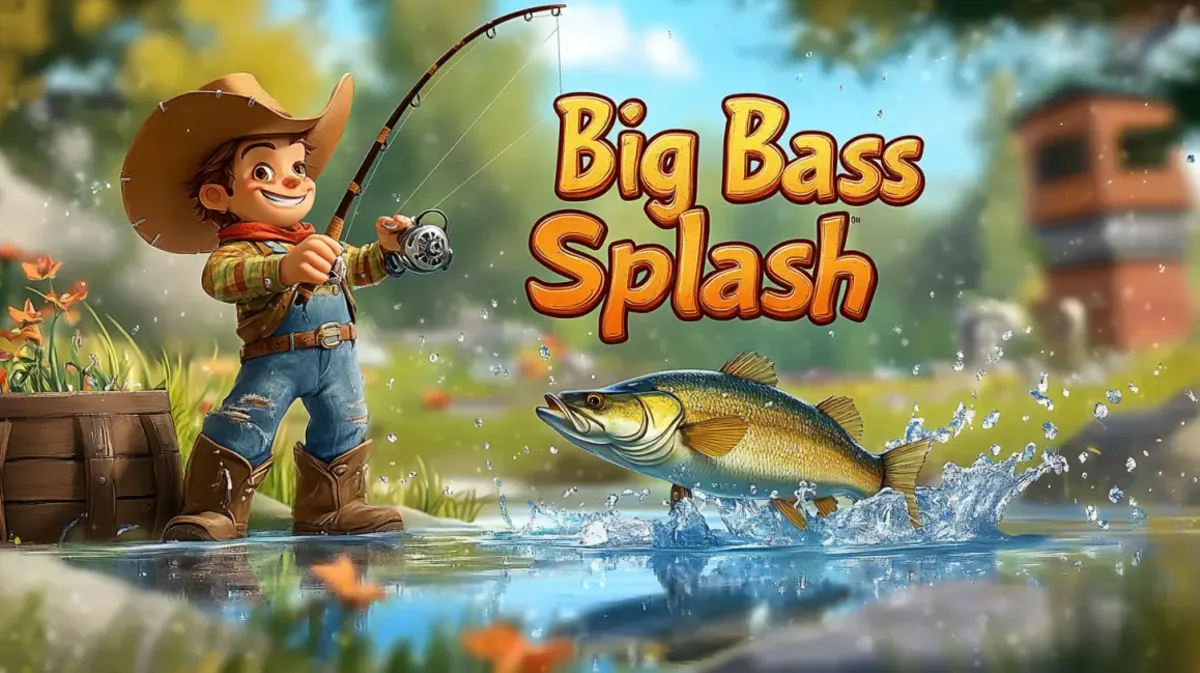 A fun, cartoon-style promotion for the Big Bass Splash game at 33bd, showing a young boy in a cowboy hat catching a large fish that is splashing in the water.