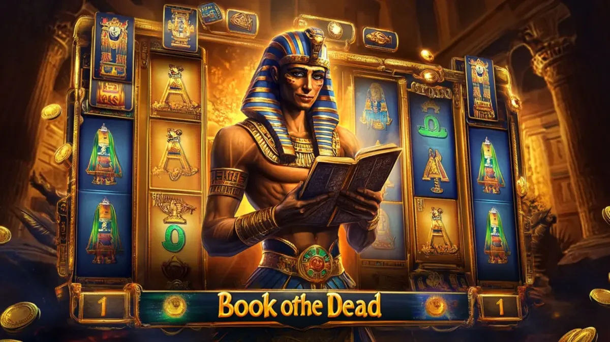 The Book of the Dead slot game from 33bd is featured, with an Egyptian pharaoh holding the book in front of a large, golden slot reel inside a temple.
