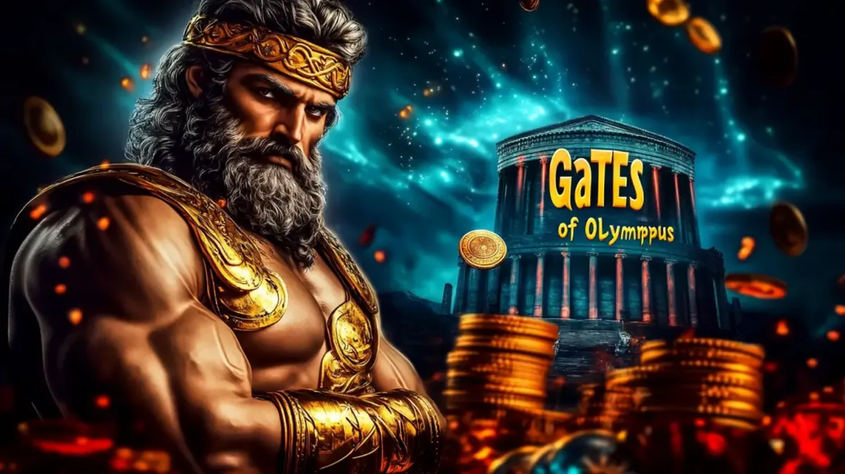 The mighty Zeus from the Gates of Olympus slot at 33bd stands with his arms crossed in front of a celestial temple, surrounded by gold coins.